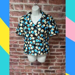 Vintage Le Suit‎ Blue Black Polka Dot Blouse Size 6 Short Sleeve Padded